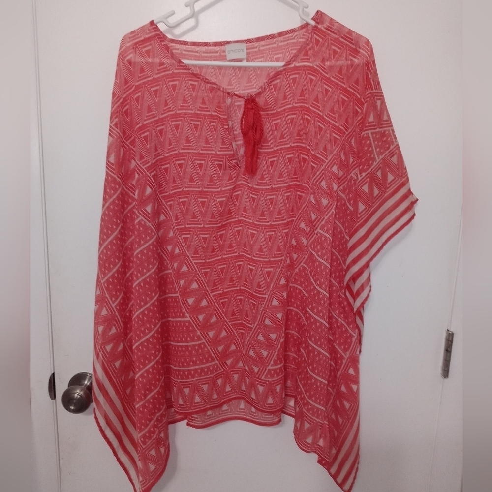 Chicos sheer red white Geometric Beach cover up w Arm holes Tassel tie front OS